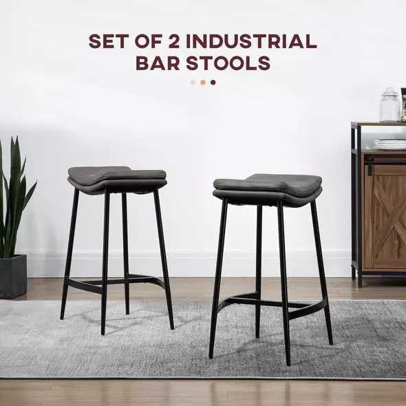 HOMCOM Breakfast Bar Stools Set of 2, Microfibre Upholstered Barstools, Industrial Bar Chairs with Curved Seat and Steel Frame for Dining Room, Kitchen, Grey - 4