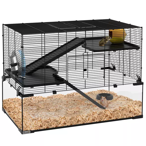 PawHut 3 Tiers Hamster Cage, Gerbil Cage with Deep Glass Bottom, Non-Slip Ramps, Platforms, Hut, Exercise Wheels, Water Bottle, Dish, for Syrian Hamster, Dwarf Hamster, 76.5 x 48.5 x 54.5cm - 1