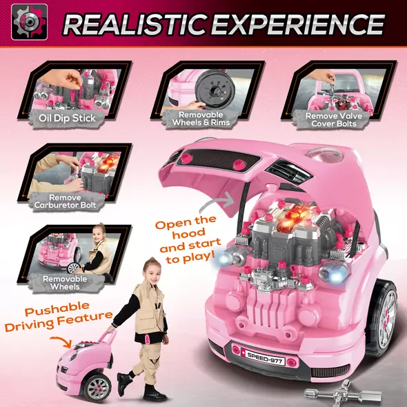 HOMCOM Kids Truck Engine Toy Set, with Horn, Light, Car Key, for Ages 3-5 Years - Pink - 4