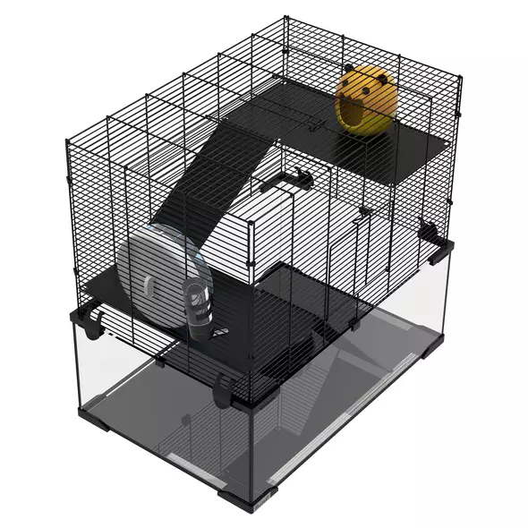 PawHut 3 Tiers Hamster Cage, Gerbil Cage with Deep Glass Bottom, Non-Slip Ramps, Platforms, Hut, Exercise Wheels, Water Bottle, Dish, for Syrian Hamster, Dwarf Hamster, 60 x 40 x 54.5cm - 8