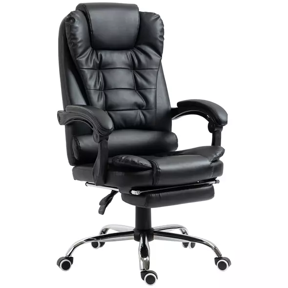 HOMCOM Executive Office Chair, PU Leather Home Office Chair with Swivel Wheels, Reclining Backrest, Retractable Footrest, Black - 1