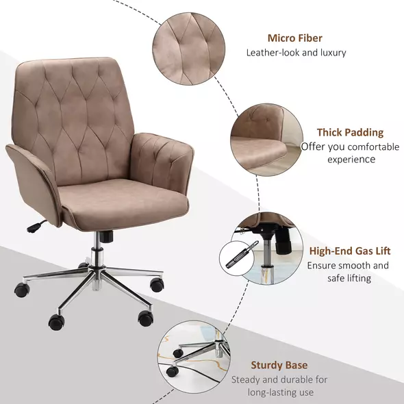 Vinsetto Office Desk Chair, Microfibre Vanity Chair with Height Adjustable, Armrest, Swivel Chair for Home, Coffee - 7