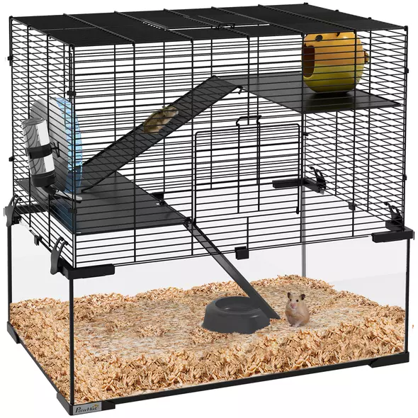 PawHut 3 Tiers Hamster Cage, Gerbil Cage with Deep Glass Bottom, Non-Slip Ramps, Platforms, Hut, Exercise Wheels, Water Bottle, Dish, for Syrian Hamster, Dwarf Hamster, 60 x 40 x 54.5cm - 1
