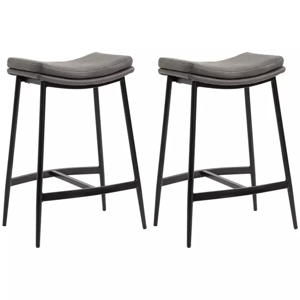HOMCOM Breakfast Bar Stools Set of 2, Microfibre Upholstered Barstools, Industrial Bar Chairs with Curved Seat and Steel Frame for Dining Room, Kitchen, Grey - 1