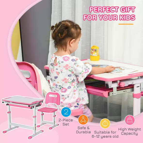 HOMCOM Kids Desk and Chair Set, Student Adjustable Writing Desk, with Drawer, Pen Slot, Hook - Pink - 4