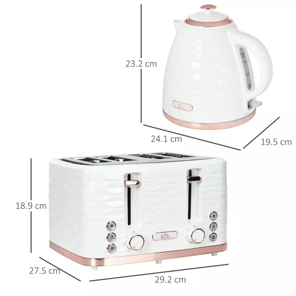 HOMCOM Kettle and Toaster Sets, 3000W 1.7L Rapid Boil Kettle & 4 Slice Toaster with 7 Browning Controls, Defrost, Reheat and Crumb Tray, UK Otter thermostat, Cream White - 3