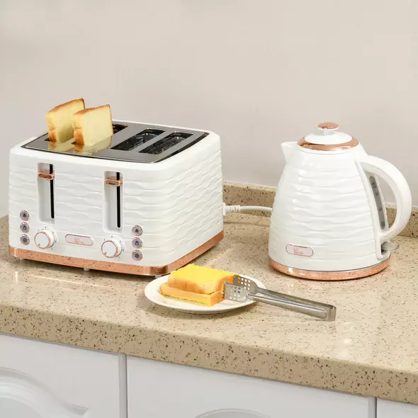 HOMCOM Kettle and Toaster Sets, 3000W 1.7L Rapid Boil Kettle & 4 Slice Toaster with 7 Browning Controls, Defrost, Reheat and Crumb Tray, UK Otter thermostat, Cream White - 2