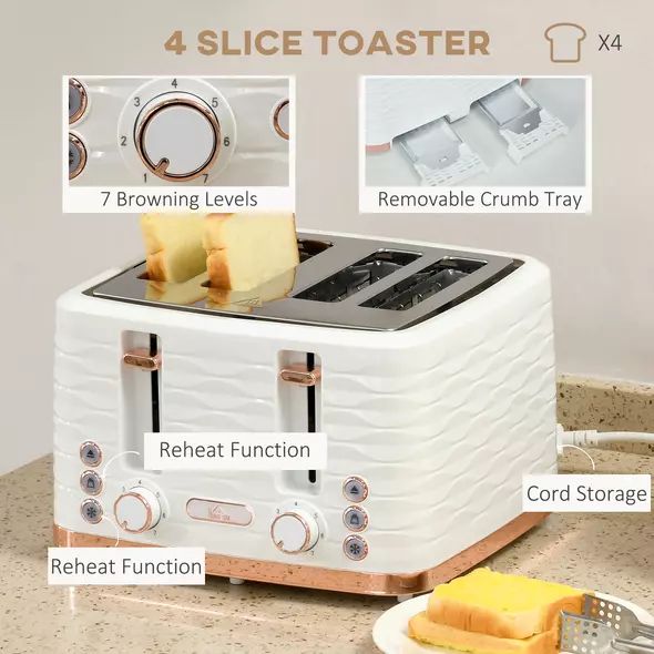 HOMCOM Kettle and Toaster Sets, 3000W 1.7L Rapid Boil Kettle & 4 Slice Toaster with 7 Browning Controls, Defrost, Reheat and Crumb Tray, UK Otter thermostat, Cream White - 5