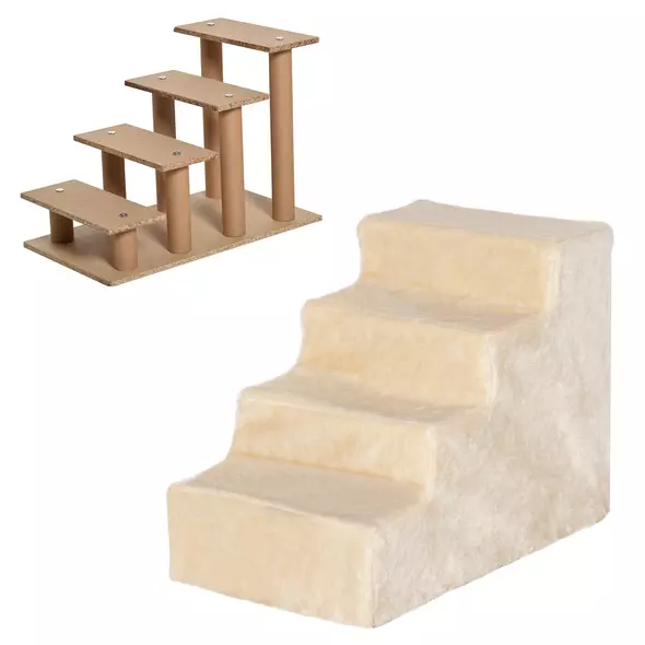 PawHut Four-Step Dog Stairs, with Washable Plush Cover, for High Bed Sofa, Dog Stairs for Small Dog and Cat - Beige - 8