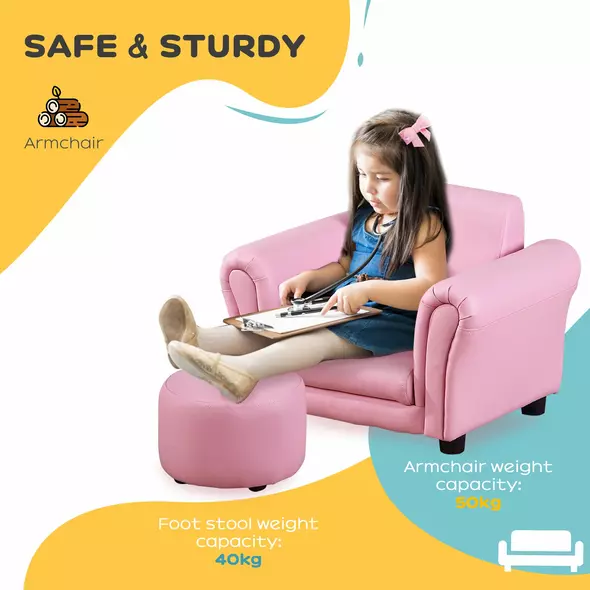 HOMCOM Toddler Chair Single Seater Kids Sofa Set, 54 x 42 x 41cm, Kids Sofa with Stool, Pink - 5