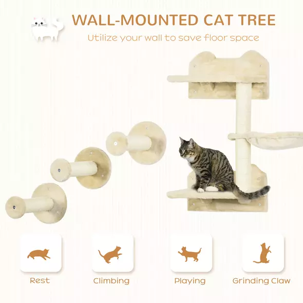 PawHut 4 Piece Cat Shelf with Scratching Post, Wall-Mounted Cat Tree for Indoor Cat - Beige - 4