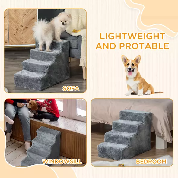 PawHut Four-Step Dog Stairs, with Washable Plush Cover, for High Bed Sofa, Dog Stairs for Small Dog and Cat - Light Grey - 7
