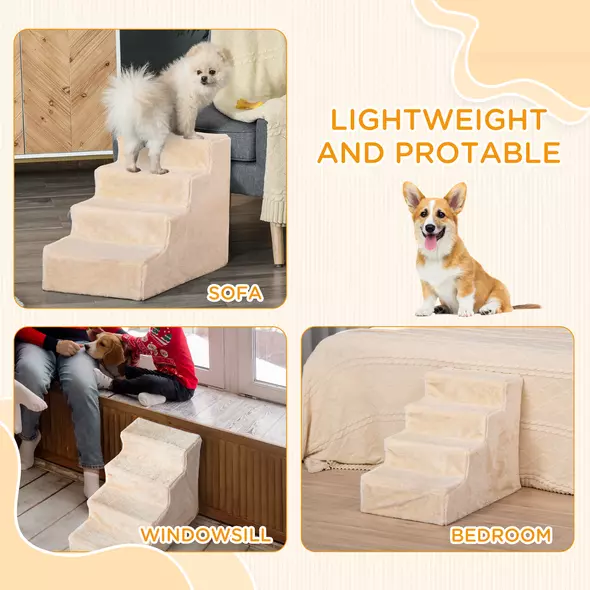 PawHut Four-Step Dog Stairs, with Washable Plush Cover, for High Bed Sofa, Dog Stairs for Small Dog and Cat - Beige - 7