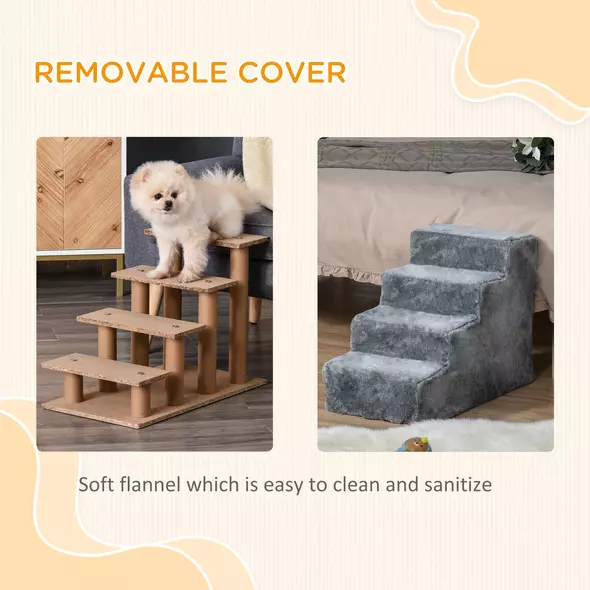 PawHut Four-Step Dog Stairs, with Washable Plush Cover, for High Bed Sofa, Dog Stairs for Small Dog and Cat - Light Grey - 5