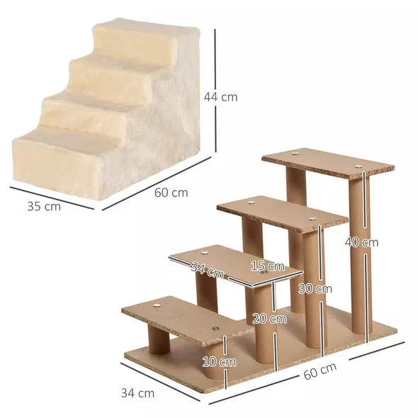 PawHut Four-Step Dog Stairs, with Washable Plush Cover, for High Bed Sofa, Dog Stairs for Small Dog and Cat - Beige - 3