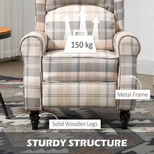 HOMCOM Wingback Recliner Armchair for Living Room, Pushback Reclining Chair with Round Armrests, Footrest and Rubber Wood Legs, Khaki - 6