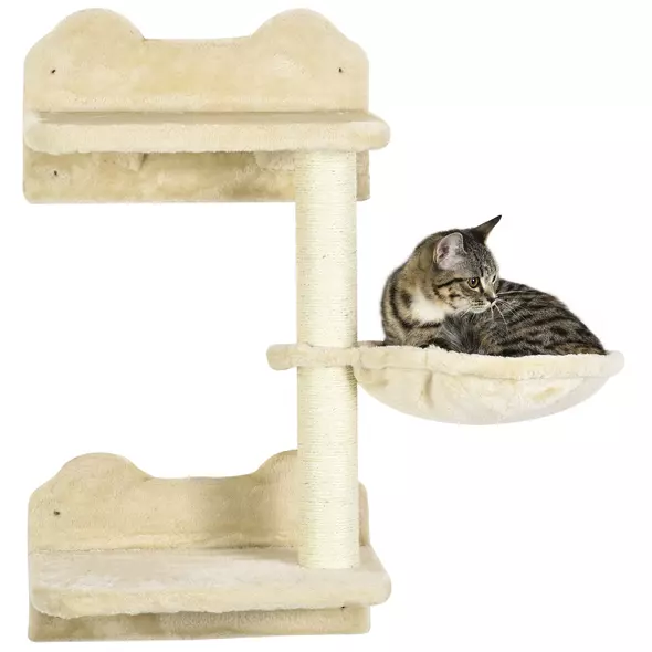 PawHut 4 Piece Cat Shelf with Scratching Post, Wall-Mounted Cat Tree for Indoor Cat - Beige - 9
