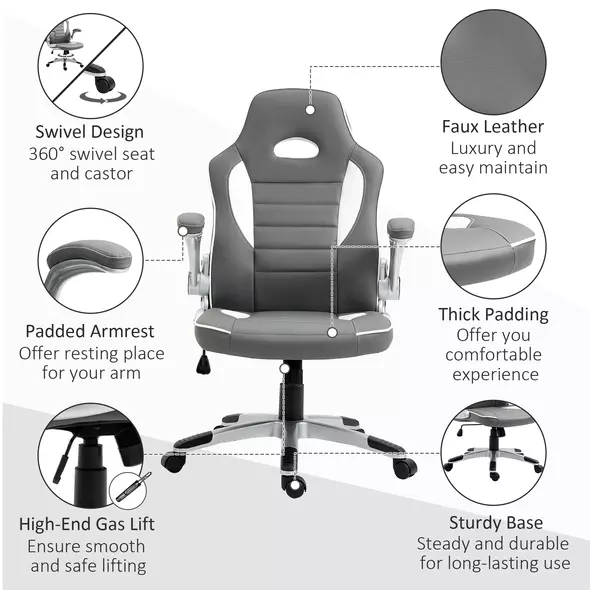 Vinsetto Computer Gaming Chair, Office Desk Swivel Chair, PU Leather Racing Chair with 90° Flip-up Armrest, Adjustable Height and Rolling Wheels, Grey - 7