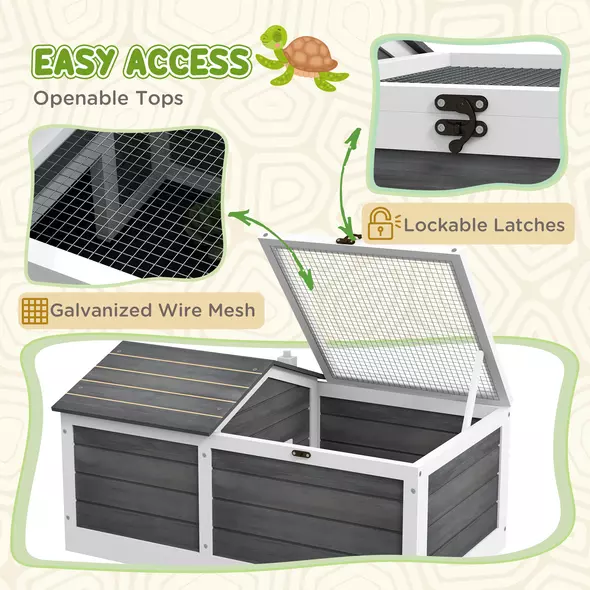 PawHut Wooden Tortoise House, Small Pet Reptile Shelter, with Hide Den and Run - Grey - 5