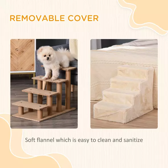 PawHut Four-Step Dog Stairs, with Washable Plush Cover, for High Bed Sofa, Dog Stairs for Small Dog and Cat - Beige - 5