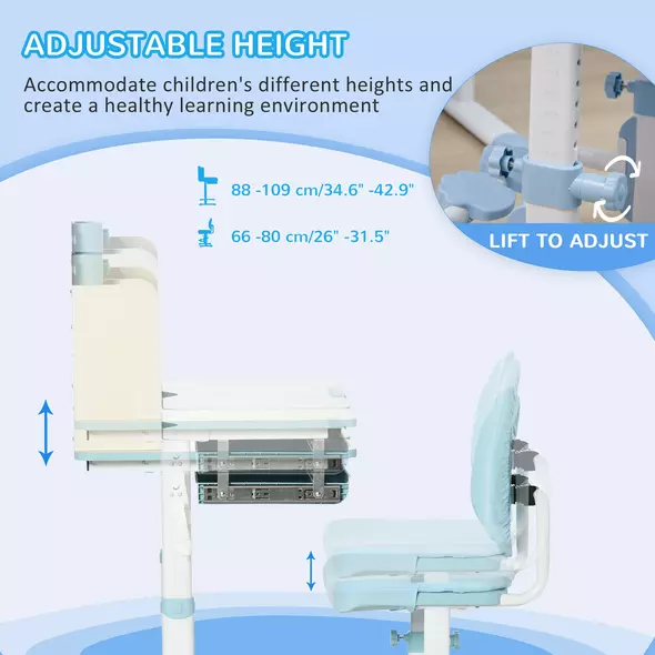 HOMCOM Kids Desk and Chair Set, with Storage Shelves, Washable Cover, for Ages 3-12 Years - Blue - 4