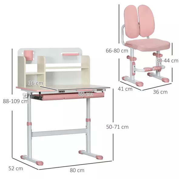 HOMCOM Kids Desk and Chair Set, with Storage Shelves, Washable Cover, for Ages 3-12 Years - Pink - 3