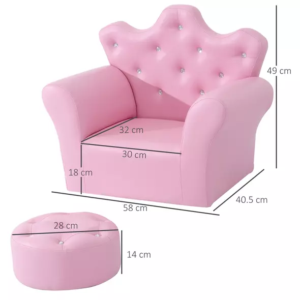 HOMCOM Children Kids Sofa Set Armchair Chair Seat with Free Footstool PU Leather for Girls 58L x 40.5W x 49H cm Pink - 3