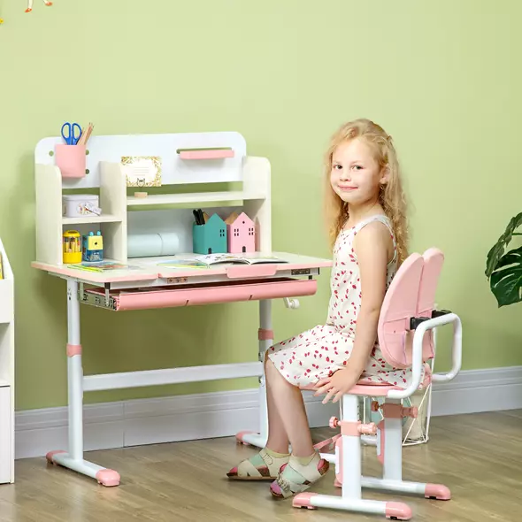 HOMCOM Kids Desk and Chair Set, with Storage Shelves, Washable Cover, for Ages 3-12 Years - Pink - 2