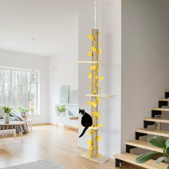 PawHut 242cm Adjustable Floor-To-Ceiling Cat Tree, with Artificial Decoration, Perches, Anti-Slip Kit - Yellow - 2