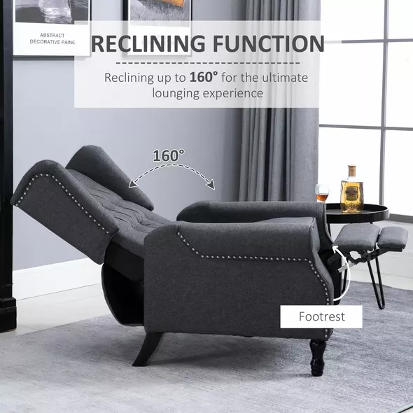 HOMCOM Recliner Armchair, Vintage Reclining Chair with Nail Head Trim, Wingback Chair with Button Tufted Back and Footrest, for Living Room, Dark Grey - 4