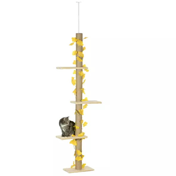 PawHut 242cm Adjustable Floor-To-Ceiling Cat Tree, with Artificial Decoration, Perches, Anti-Slip Kit - Yellow - 1
