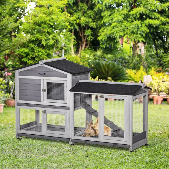 PawHut Wooden Rabbit Hutch, Guinea Pig Cage, with Wheels, Run, Slide-Out Tray, Ramp - 2