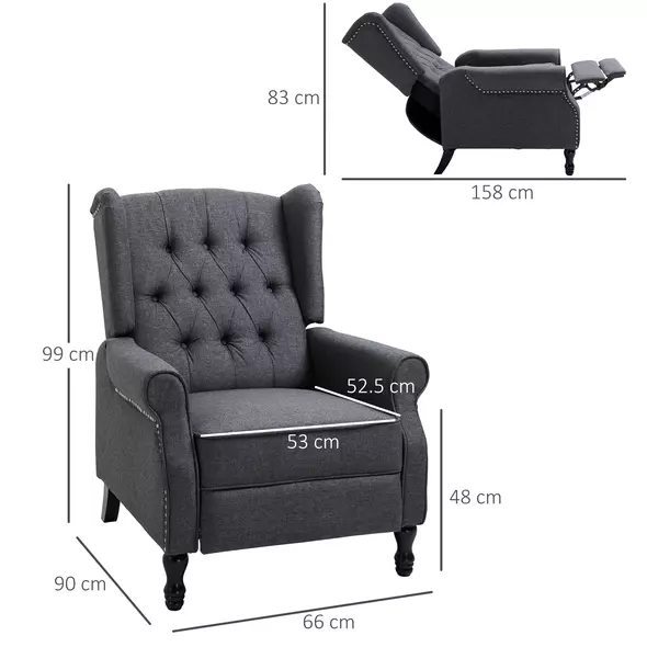 HOMCOM Recliner Armchair, Vintage Reclining Chair with Nail Head Trim, Wingback Chair with Button Tufted Back and Footrest, for Living Room, Dark Grey - 3