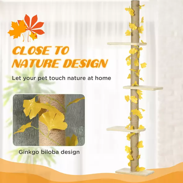 PawHut 242cm Adjustable Floor-To-Ceiling Cat Tree, with Artificial Decoration, Perches, Anti-Slip Kit - Yellow - 4