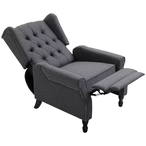 HOMCOM Recliner Armchair, Vintage Reclining Chair with Nail Head Trim, Wingback Chair with Button Tufted Back and Footrest, for Living Room, Dark Grey - 8