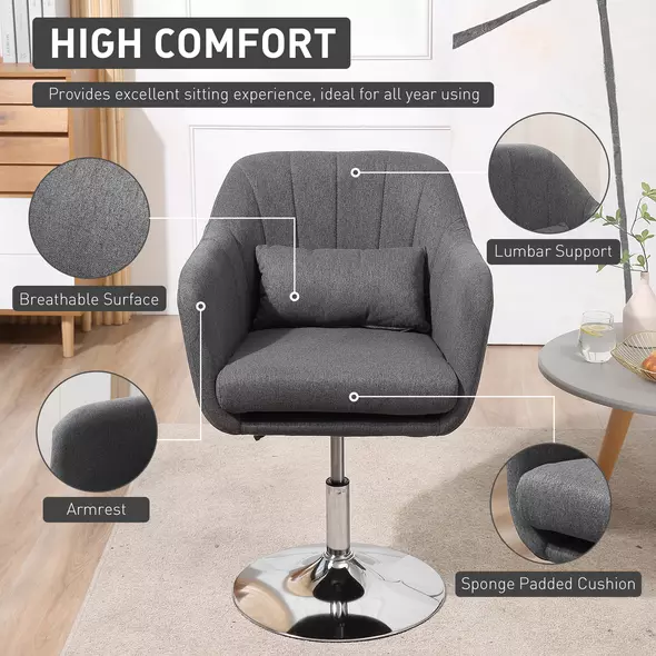 HOMCOM Swivel Linen Fabric Accent Chair for Living Room Contemporary Vanity Armchair with Adjustable Height Thick Cushion Lumbar Support Armrest for Bedroom Office Dark Grey - 5