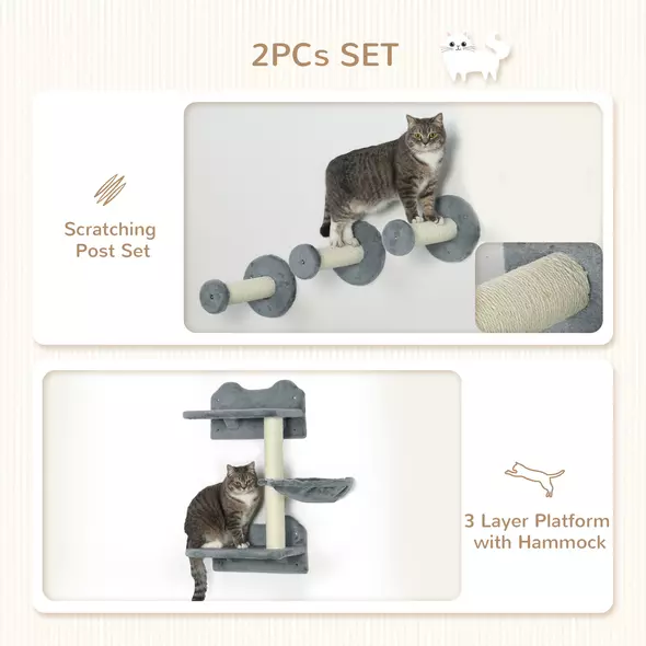 PawHut 4 Piece Cat Shelf with Scratching Post, Wall-Mounted Cat Tree for Indoor Cat - Grey - 5