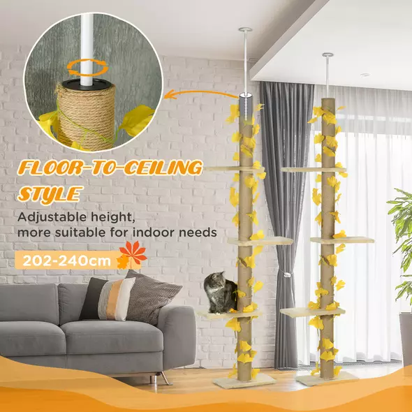 PawHut 242cm Adjustable Floor-To-Ceiling Cat Tree, with Artificial Decoration, Perches, Anti-Slip Kit - Yellow - 5
