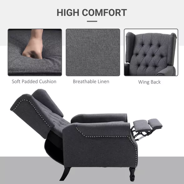 HOMCOM Recliner Armchair, Vintage Reclining Chair with Nail Head Trim, Wingback Chair with Button Tufted Back and Footrest, for Living Room, Dark Grey - 5