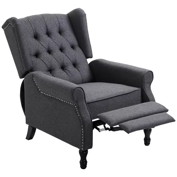 HOMCOM Recliner Armchair, Vintage Reclining Chair with Nail Head Trim, Wingback Chair with Button Tufted Back and Footrest, for Living Room, Dark Grey - 1