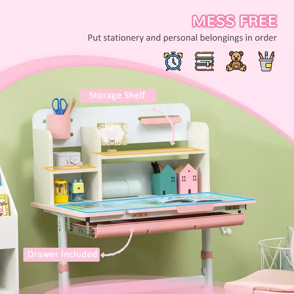 HOMCOM Kids Desk and Chair Set, with Storage Shelves, Washable Cover, for Ages 3-12 Years - Pink - 6