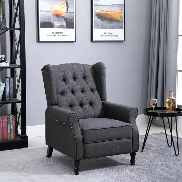 HOMCOM Recliner Armchair, Vintage Reclining Chair with Nail Head Trim, Wingback Chair with Button Tufted Back and Footrest, for Living Room, Dark Grey - 2