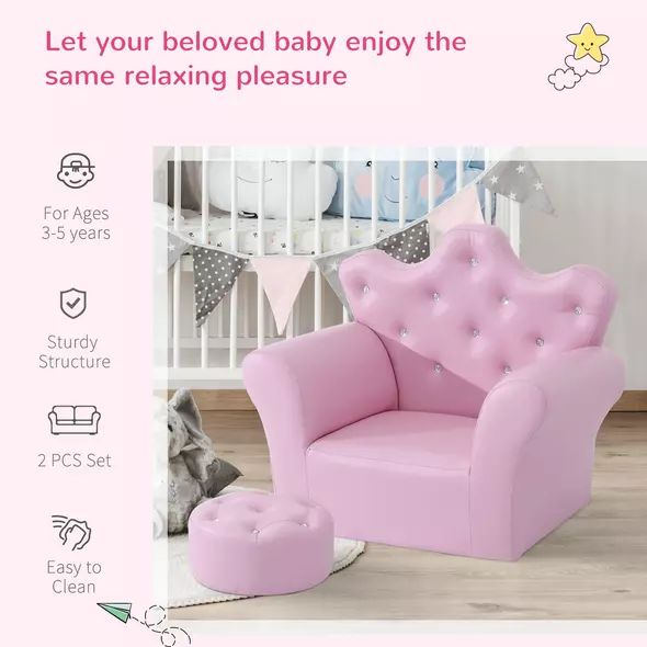 HOMCOM Children Kids Sofa Set Armchair Chair Seat with Free Footstool PU Leather for Girls 58L x 40.5W x 49H cm Pink - 7