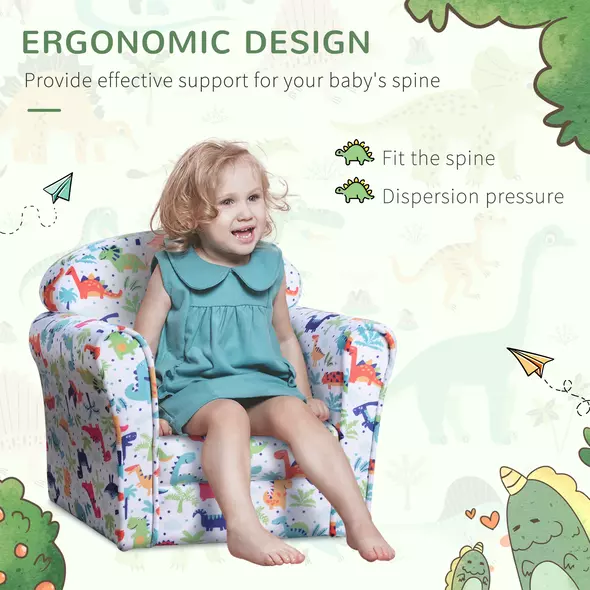 HOMCOM Children's Armchair Flannel Kids Sofa Tub Chair Cartoon Dinosaur Pattern Wooden Frame Bedroom Playroom Seater Multicolour - 5
