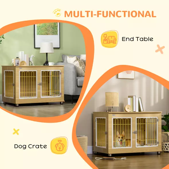 PawHut Dog Crate Furniture, Dog Cage End Table. with Soft Cushion, Double Door - Oak Tone - 5