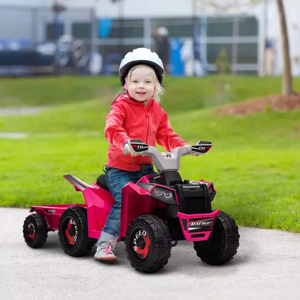 HOMCOM 6V Quad Bike with Back Trailer, Wear-Resistant Wheels, for Ages 18-36 Months, Pink - 2