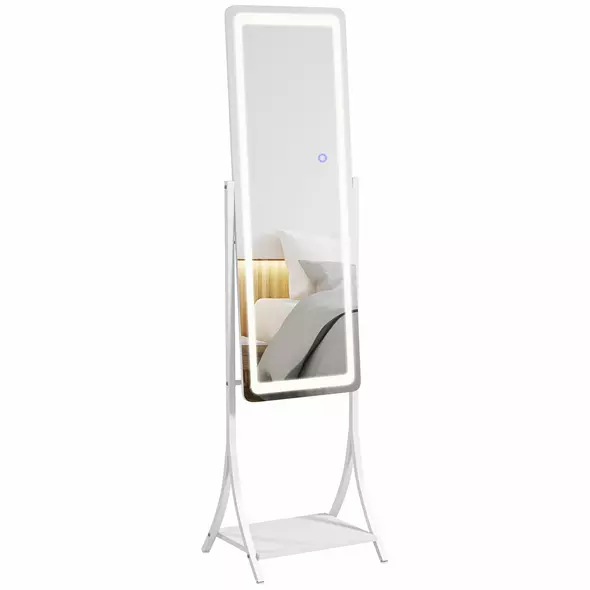 HOMCOM Free Standing Dressing Mirror with LED Lights, Full Length Mirror with 3 Temperature Colours and Storage Shelf - 1
