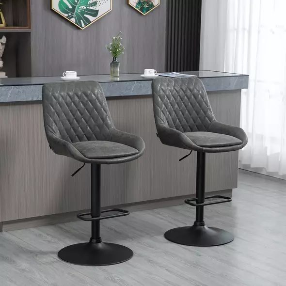 HOMCOM Retro Bar Stools Set of 2, Adjustable Kitchen Stool, Upholstered Bar Chairs with Back, Swivel Seat, Dark Grey - 2