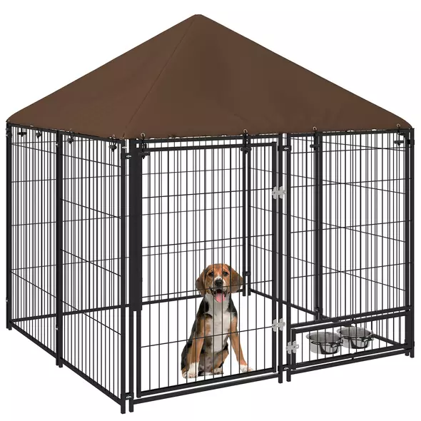 PawHut Outdoor Dog Kennel Puppy Play Pen with Canopy Garden Playpen Fence Crate Enclosure Cage Rotating Bowl 141 x 141 x 151 cm - 1