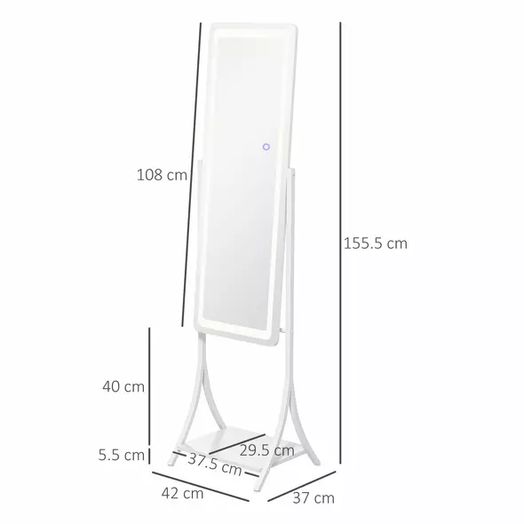 HOMCOM Free Standing Dressing Mirror with LED Lights, Full Length Mirror with 3 Temperature Colours and Storage Shelf - 3